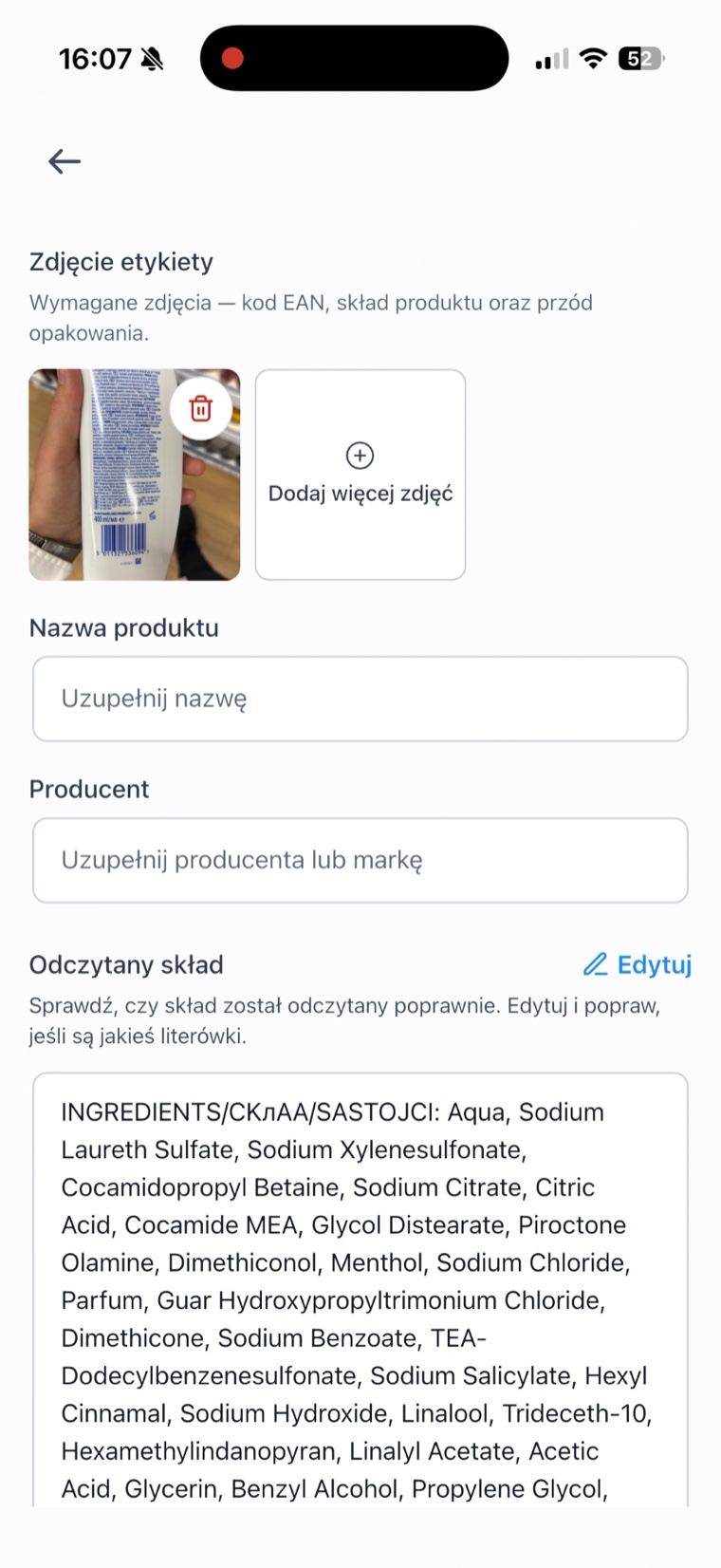 Ekran analizy składu OCR