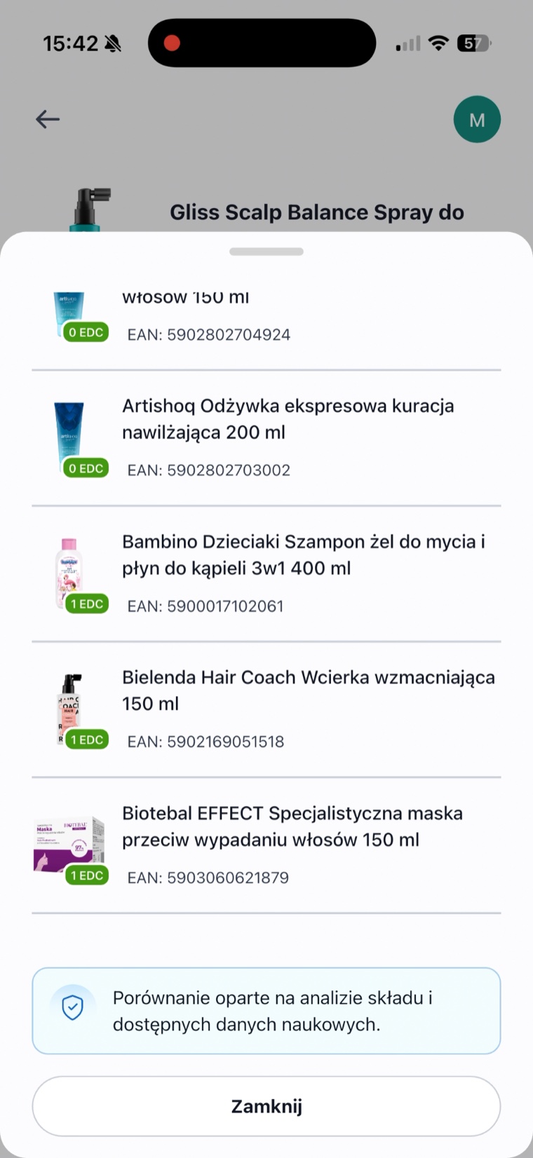 Ekran składu produktu z podświetlonymi EDC